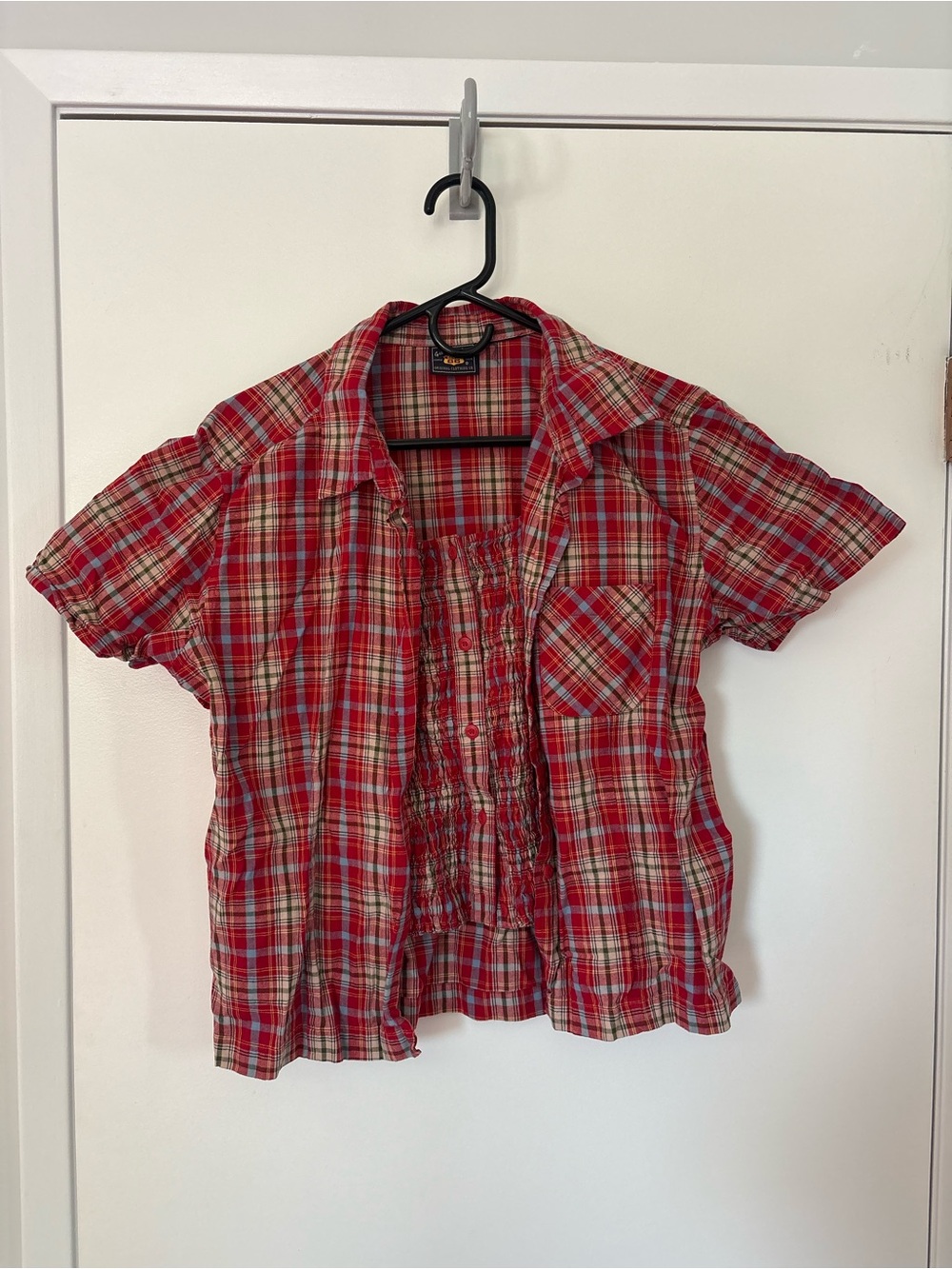 Vintage women’s Red Plaid Short-Sleeve Button Top with built in smocked tank